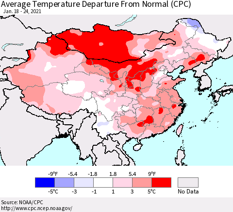 China, Mongolia and Taiwan Average Temperature Departure from Normal (CPC) Thematic Map For 1/18/2021 - 1/24/2021