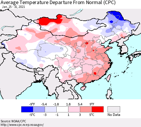 China, Mongolia and Taiwan Average Temperature Departure from Normal (CPC) Thematic Map For 1/25/2021 - 1/31/2021