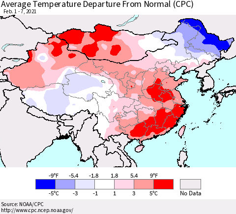 China, Mongolia and Taiwan Average Temperature Departure from Normal (CPC) Thematic Map For 2/1/2021 - 2/7/2021