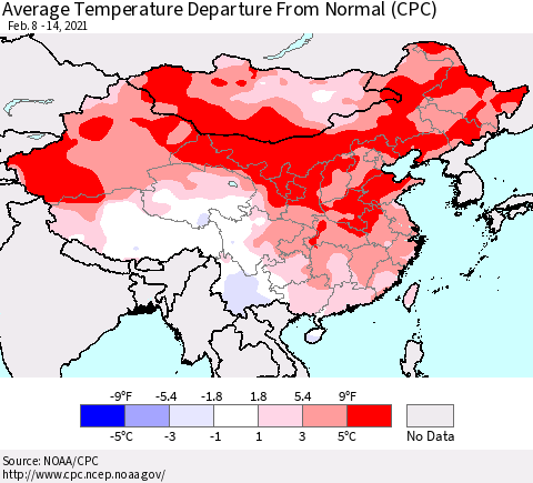 China, Mongolia and Taiwan Average Temperature Departure from Normal (CPC) Thematic Map For 2/8/2021 - 2/14/2021