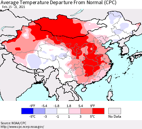 China, Mongolia and Taiwan Average Temperature Departure from Normal (CPC) Thematic Map For 2/15/2021 - 2/21/2021