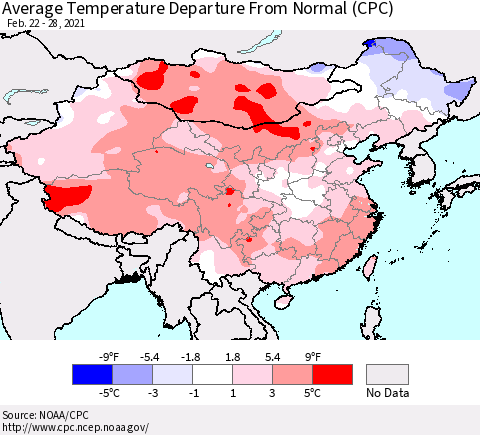 China, Mongolia and Taiwan Average Temperature Departure from Normal (CPC) Thematic Map For 2/22/2021 - 2/28/2021