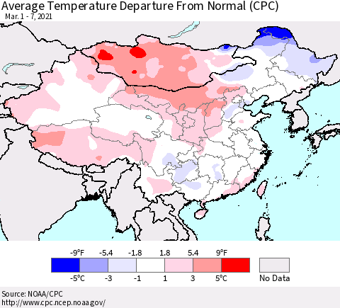 China, Mongolia and Taiwan Average Temperature Departure from Normal (CPC) Thematic Map For 3/1/2021 - 3/7/2021
