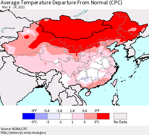China, Mongolia and Taiwan Average Temperature Departure from Normal (CPC) Thematic Map For 3/8/2021 - 3/14/2021
