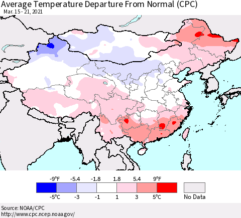 China, Mongolia and Taiwan Average Temperature Departure from Normal (CPC) Thematic Map For 3/15/2021 - 3/21/2021