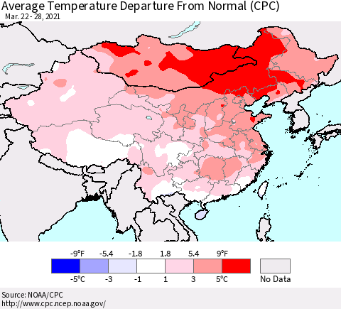 China, Mongolia and Taiwan Average Temperature Departure from Normal (CPC) Thematic Map For 3/22/2021 - 3/28/2021
