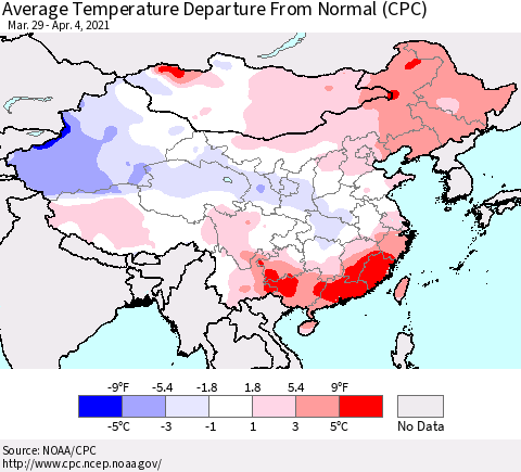 China, Mongolia and Taiwan Average Temperature Departure from Normal (CPC) Thematic Map For 3/29/2021 - 4/4/2021