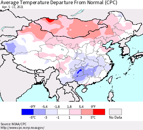 China, Mongolia and Taiwan Average Temperature Departure from Normal (CPC) Thematic Map For 4/5/2021 - 4/11/2021