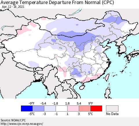 China, Mongolia and Taiwan Average Temperature Departure from Normal (CPC) Thematic Map For 4/12/2021 - 4/18/2021