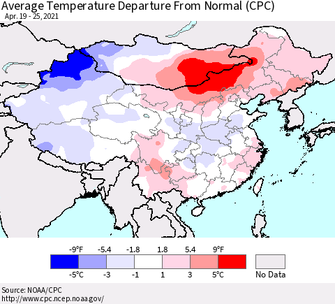 China, Mongolia and Taiwan Average Temperature Departure from Normal (CPC) Thematic Map For 4/19/2021 - 4/25/2021
