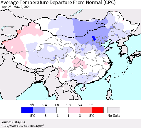 China, Mongolia and Taiwan Average Temperature Departure from Normal (CPC) Thematic Map For 4/26/2021 - 5/2/2021