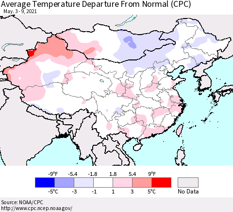 China, Mongolia and Taiwan Average Temperature Departure from Normal (CPC) Thematic Map For 5/3/2021 - 5/9/2021