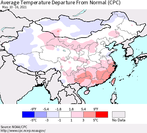 China, Mongolia and Taiwan Average Temperature Departure from Normal (CPC) Thematic Map For 5/10/2021 - 5/16/2021