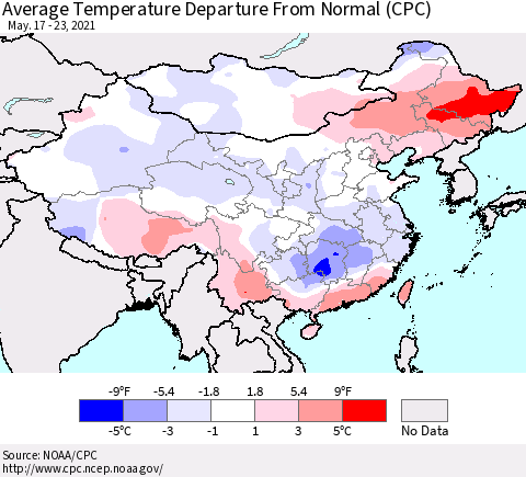 China, Mongolia and Taiwan Average Temperature Departure from Normal (CPC) Thematic Map For 5/17/2021 - 5/23/2021