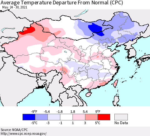 China, Mongolia and Taiwan Average Temperature Departure from Normal (CPC) Thematic Map For 5/24/2021 - 5/30/2021