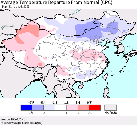 China, Mongolia and Taiwan Average Temperature Departure from Normal (CPC) Thematic Map For 5/31/2021 - 6/6/2021