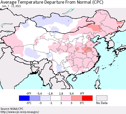 China, Mongolia and Taiwan Average Temperature Departure from Normal (CPC) Thematic Map For 6/7/2021 - 6/13/2021