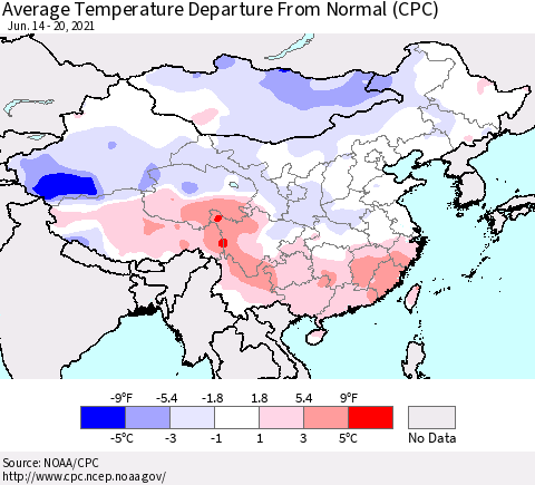China, Mongolia and Taiwan Average Temperature Departure from Normal (CPC) Thematic Map For 6/14/2021 - 6/20/2021