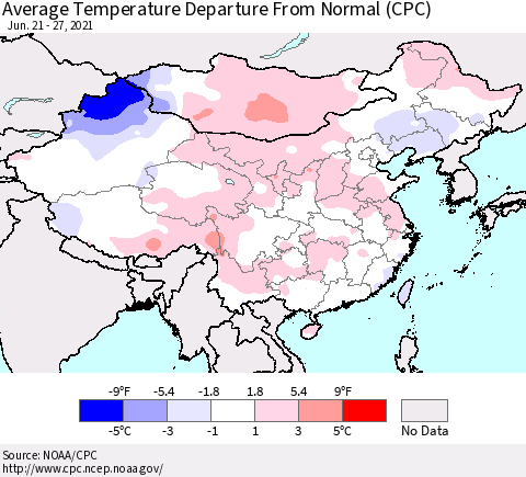 China, Mongolia and Taiwan Average Temperature Departure from Normal (CPC) Thematic Map For 6/21/2021 - 6/27/2021