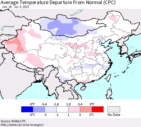 China, Mongolia and Taiwan Average Temperature Departure from Normal (CPC) Thematic Map For 6/28/2021 - 7/4/2021