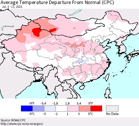 China, Mongolia and Taiwan Average Temperature Departure from Normal (CPC) Thematic Map For 7/5/2021 - 7/11/2021