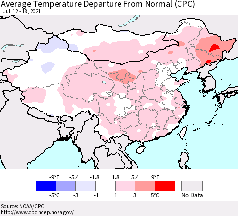 China, Mongolia and Taiwan Average Temperature Departure from Normal (CPC) Thematic Map For 7/12/2021 - 7/18/2021