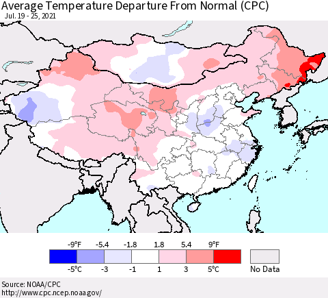 China, Mongolia and Taiwan Average Temperature Departure from Normal (CPC) Thematic Map For 7/19/2021 - 7/25/2021