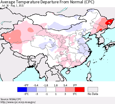 China, Mongolia and Taiwan Average Temperature Departure from Normal (CPC) Thematic Map For 7/26/2021 - 8/1/2021