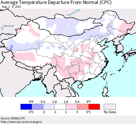 China, Mongolia and Taiwan Average Temperature Departure from Normal (CPC) Thematic Map For 8/2/2021 - 8/8/2021