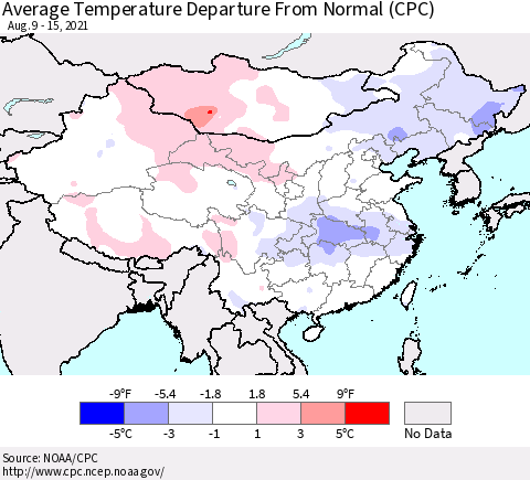 China, Mongolia and Taiwan Average Temperature Departure from Normal (CPC) Thematic Map For 8/9/2021 - 8/15/2021