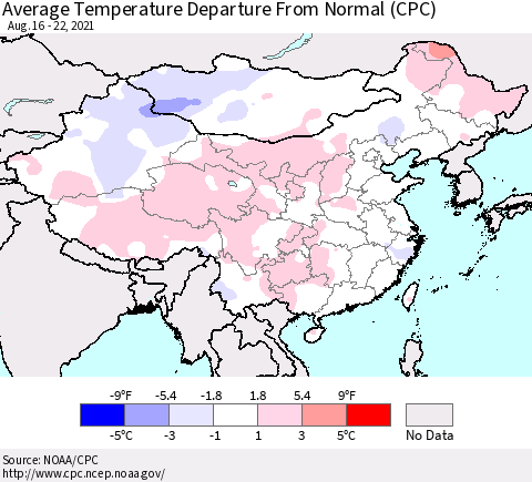 China, Mongolia and Taiwan Average Temperature Departure from Normal (CPC) Thematic Map For 8/16/2021 - 8/22/2021