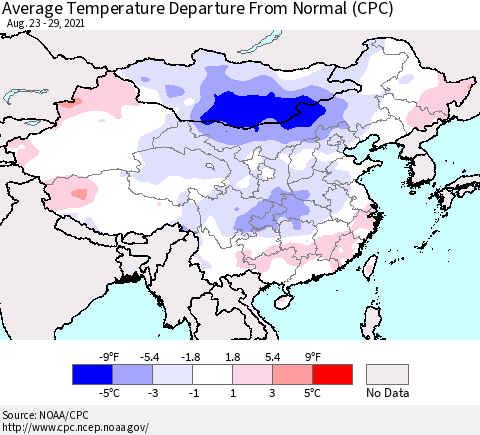 China, Mongolia and Taiwan Average Temperature Departure from Normal (CPC) Thematic Map For 8/23/2021 - 8/29/2021