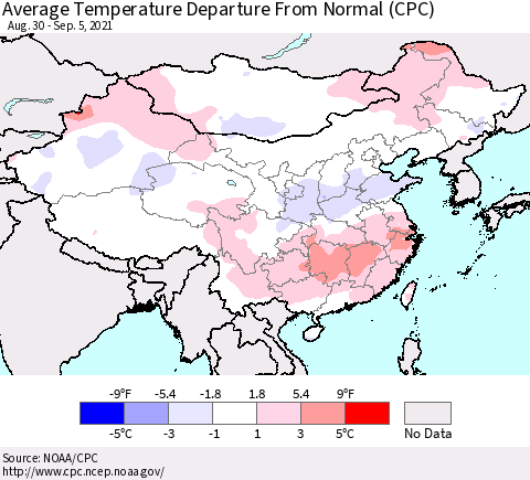 China, Mongolia and Taiwan Average Temperature Departure from Normal (CPC) Thematic Map For 8/30/2021 - 9/5/2021