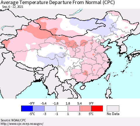 China, Mongolia and Taiwan Average Temperature Departure from Normal (CPC) Thematic Map For 9/6/2021 - 9/12/2021