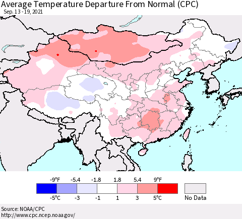China, Mongolia and Taiwan Average Temperature Departure from Normal (CPC) Thematic Map For 9/13/2021 - 9/19/2021