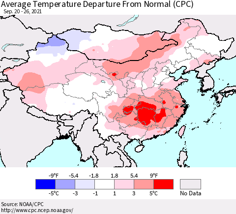 China, Mongolia and Taiwan Average Temperature Departure from Normal (CPC) Thematic Map For 9/20/2021 - 9/26/2021