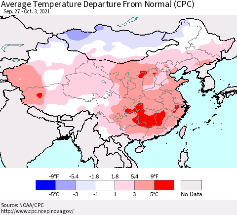 China, Mongolia and Taiwan Average Temperature Departure from Normal (CPC) Thematic Map For 9/27/2021 - 10/3/2021