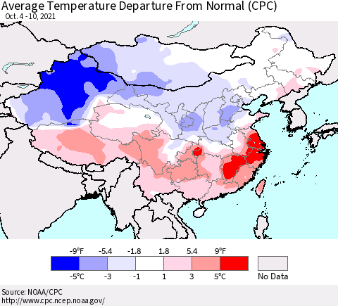 China, Mongolia and Taiwan Average Temperature Departure from Normal (CPC) Thematic Map For 10/4/2021 - 10/10/2021
