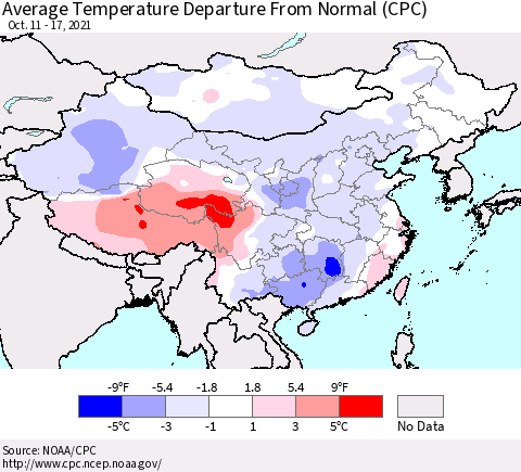 China, Mongolia and Taiwan Average Temperature Departure from Normal (CPC) Thematic Map For 10/11/2021 - 10/17/2021