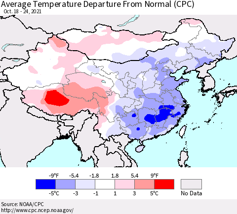 China, Mongolia and Taiwan Average Temperature Departure from Normal (CPC) Thematic Map For 10/18/2021 - 10/24/2021