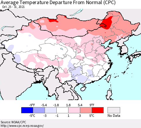 China, Mongolia and Taiwan Average Temperature Departure from Normal (CPC) Thematic Map For 10/25/2021 - 10/31/2021