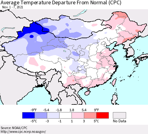 China, Mongolia and Taiwan Average Temperature Departure from Normal (CPC) Thematic Map For 11/1/2021 - 11/7/2021