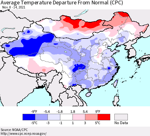 China, Mongolia and Taiwan Average Temperature Departure from Normal (CPC) Thematic Map For 11/8/2021 - 11/14/2021
