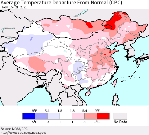 China, Mongolia and Taiwan Average Temperature Departure from Normal (CPC) Thematic Map For 11/15/2021 - 11/21/2021