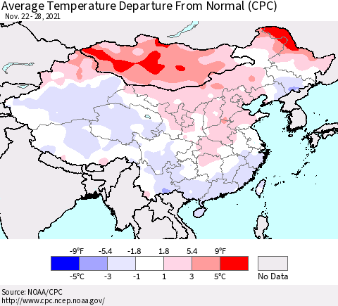 China, Mongolia and Taiwan Average Temperature Departure from Normal (CPC) Thematic Map For 11/22/2021 - 11/28/2021