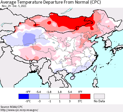 China, Mongolia and Taiwan Average Temperature Departure from Normal (CPC) Thematic Map For 11/29/2021 - 12/5/2021