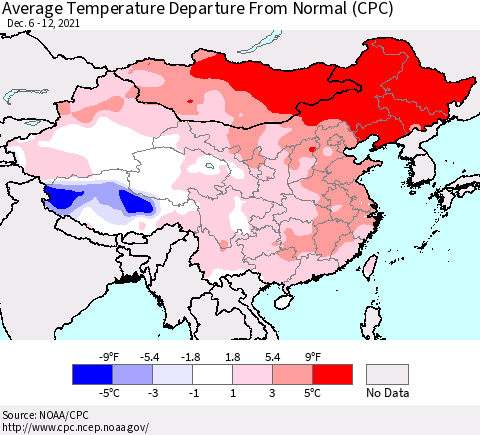 China, Mongolia and Taiwan Average Temperature Departure from Normal (CPC) Thematic Map For 12/6/2021 - 12/12/2021