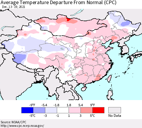 China, Mongolia and Taiwan Average Temperature Departure from Normal (CPC) Thematic Map For 12/13/2021 - 12/19/2021