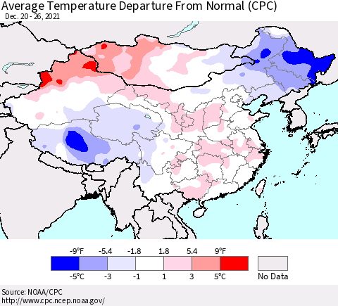 China, Mongolia and Taiwan Average Temperature Departure from Normal (CPC) Thematic Map For 12/20/2021 - 12/26/2021
