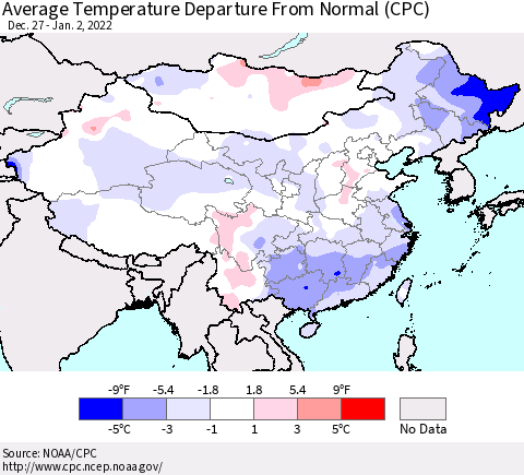 China, Mongolia and Taiwan Average Temperature Departure from Normal (CPC) Thematic Map For 12/27/2021 - 1/2/2022
